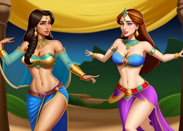 tan skinned black haired Arabic Princess Jasmine of Agrabah teaches her friend the beautiful Nordic auburn haired Queen Anna of Arendelle portrayed by Elizabeth Lail how to belly dance. photorealistic. <lora:dpmg_snake_coiling:1>