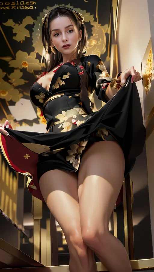 (Masterpiece), 8k resolution, best quality, hyper photo realistic,
Highly realistic details, perfect lighting,
Brunette girl, sexy,
Slim body, slender figure, small tits,
Perfect face, high detailed face,
Perfect body, light complexion,
((Hair in a bun)), presenting pussy,
Skirt lift, (((black dress with red and gold floral patterns))), (shaved pussy), ((in class))
