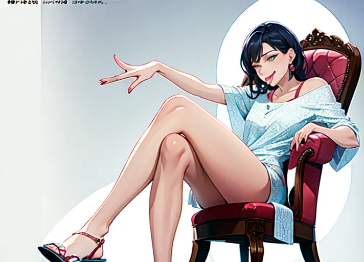 a woman licking the finger tip of her index finger just before turning the page of a magazine, sitting with her legs crossed and dangling a wedge off her toe, the arch of her foot is accentuated by the manner in which her legs are crossed