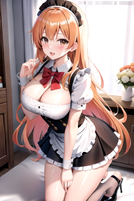 8k quality, brown eyes, pale white skin, orange hair, giant breasts, cleavage, looking at viewer, pov, long hair, wavy hair, maid uniform, high heels, miniskirt, standing in bedroom