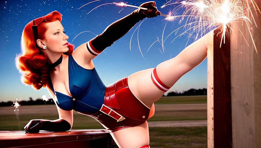 1940s era Pin up pose, 1940s era pin up outfit, long Legs, standing, thigh gap, legs showcased in photo, (thigh high seamed stockings), WWII B-17 bomber nose art, redhead wavy hair, (1940s era hairstyle), United States Patriotic scene, Red platform high heels, 40 years old, outdoors on a vintage WWII airfield, sexy pose, American flag themed dress, holding (a sparkler in hand), ((nighttime))
