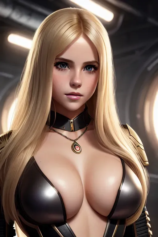 a photograph of,lulu wilson,blonde,long hair,doing sexy pose,in a dystopian future,big breasts,five fingers per hand,silky hair,charming face,beautiful lips,brown eyes,curved eyebrows,curved eyelid,smooth skin,erotic,wearing necklace,studio lighting,artstation,highly detailed,sharp focus,cgsociety