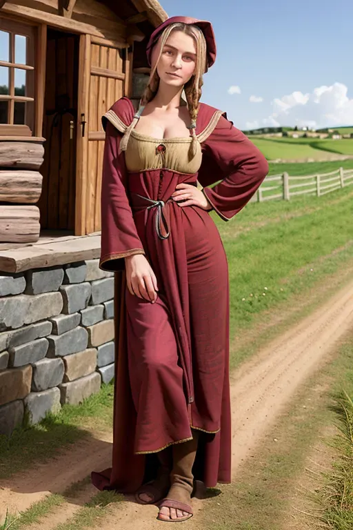 realistic photograph, medieval peasant woman, wearing dirty robes, tired, posing infront of a small cottage on a farm, flat chest, cute face, shoulder lenght hair, very slim skinny body, dim lighting, 8k resolution photograph, picture includes whole body, correct female anatomy, (best quality:1.4), (masterpiece:1.4), five slender fingers