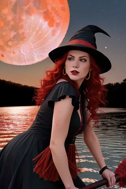 ultra realistic photo, (((big full red moon))) ,river, gilf:witch: redhead, dark green hat, (( raven)), high detailed face, dark mystic light, freckles in face, earrings, green eyes, ((full body view)), side ((view)), ((riding on broom))