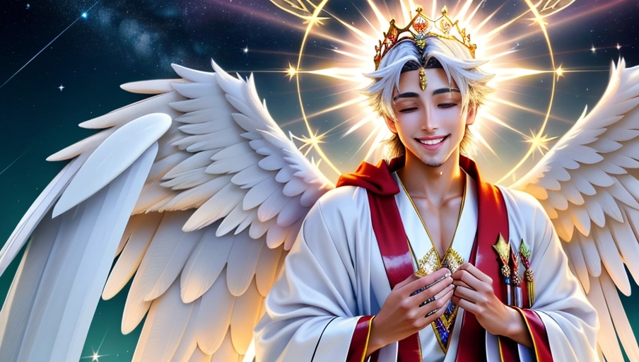 a 64k high detailed photo of body shot of Angelic, HDR Professional ((In Robes))) ((Has robe Attire)) Godly Ultra Detailed Best Quality Most Detailed (((Angel Wings))) Angelic Lighting Love Hope Magic casting Crown Smiling king happy Glory Warrior Angels Angelics Positivity Happiness ecstasy enraptured sweaty saving God Royalty Morality Goodness True Good Power Force Authority Ethical Saviour Halo short Hair Always and Forever Sentimental in heat hot ultra hot best best lighting tantric Neutral Brilliant Logical Compassionate Perfect Perfection Exciting Integrity Winged Courage Purity Harmony Beauty mark on upper lip ((Male)) Ethereal Lighting Celestial Lighting (((With Clothes))) ((With God Item)) ((God Tech)) with items of power God Wings ((Afterlife Light)) (Love Worship) ((Happy Expression)) ((smiling)) (((Angels)))