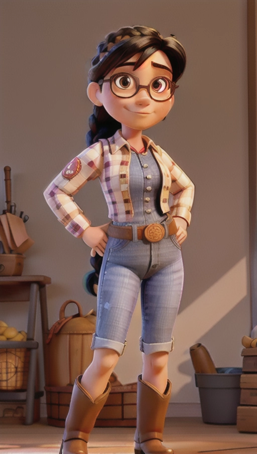 A cowgirl wearing Jessie from Toy Story clothes, black hair, braid, glasses, dark-brown eyes, tall