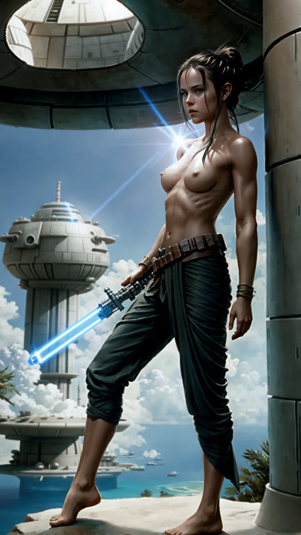 topless barefoot Rey Skywalker wearing her normal warrior pants with toned muscles while holding her lightsaber and exploring the Cloud City on Bespin, barefoot, barefoot, barefoot, topless, topless, topless, topless,