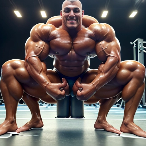 I want a colossally sculpted and massive 500lb International Fitness and Bodybuilding Federation championship bodybuilder, mr olympia winner, sunbathed and oiled, glistening skin. he is nude and strokes his big long penis until he squirts