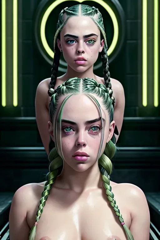 a digital painting of,billie eilish,with huge tits,naked,giving titfuck,in throne room,five fingers per hand,braids hair,charming face,beautiful lips,green eyes,curved eyebrows,smooth skin,satisfaction,bokeh,cinematic lighting,ultra realistic,editorial,cgsociety