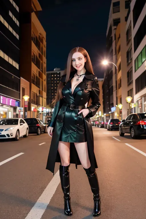 full body, chestnut hair, green eyes, short girl, black miniskirt, black high heel boots, blue trench coat, looking at viewer, smiling, long hair, pale skin, black necklace, black blouse, 24 years old, giant breasts, cute face, pov, wavy hair, city environment, night time