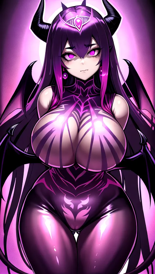 best quality, ultra high res, detailed face and eyes, perfect face, big shining heart choker, earrings, jewelry, very long voluminous hair, (pink glowing hair:1.2), lipstick, purple long sleeves, purple glowing heart, demon mark, straight hair, (huge boobs:1.3), black demon horns, very very long hair, perfect face and eyes, straight hair, sexy succubus girl, pink glowing eyes, (demon wings:1.4), big glowing cameltoe, (purple corrupted symbiote suit:1.5), dark background, (pink glowing demon diadem:1.4), (dark spiked crown:1.2), (thick succubus tail:1.3), demon tail, (pink glowing heart pasties:1.2), standing straight, shiny leather, purple leather skin, purple skin