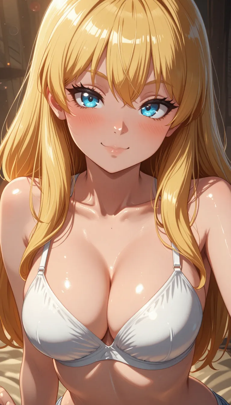 masterpiece, best quality, anime coloring, anime screencap,
1girl, solo, long hair, breasts, looking at viewer, blush, smile, bangs, blue eyes, blonde hair, large breasts, cleavage, bare shoulders, closed mouth, underwear, collarbone, upper body, shiny, blunt bangs, bra, lips, shiny skin, eyelashes, close-up, white bra