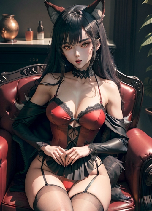 Girl sits in mans lap. Werewolf with ((wolf head)) in a black suit sits in an armchair. sexy Little Red Riding Hood wearing red cape and hood, ((no animal ears)), red lace lingerie sits in his lap.