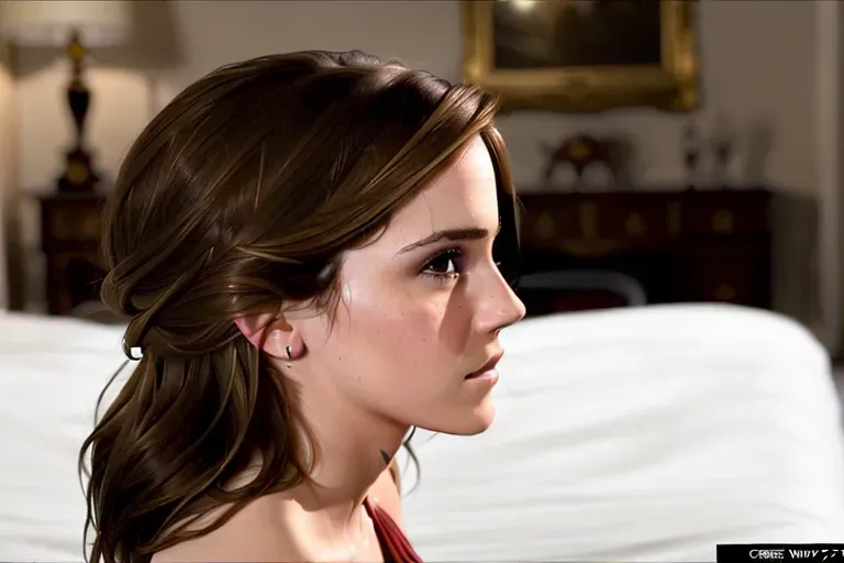 (((side view))), photo of Emma Watson getting fucked, doggy style, masterpiece, perfect lighting, perfect face, eye contact, brown eyes, in bed, hand holding head, creampie, ((((whole body in frame))))