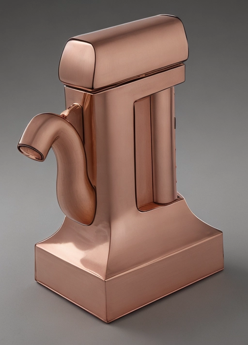 A high resolution of a brightly polished copper teapot ,the hand is a tubular depression at the bac k,the spout is a traditional teapot spot ,the spout hole is downward and not visible ,the top is an elongated dome ,the lid bottom is clearly defined ,the base is shaped like a book ,