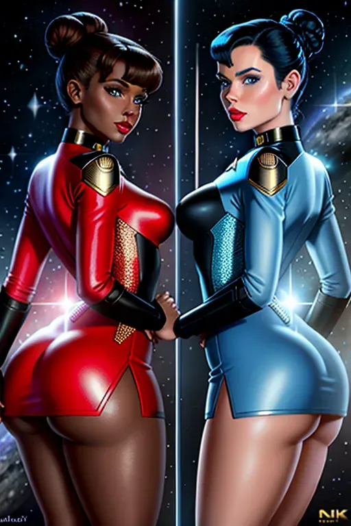 Star trek the original series, vulcan female, science officer, lieutenant, hair bun, blue eyes, red lips, brown skin, solid blue hip length dress, average waist size, thick butt, curvy thighs, wet pussy, wet pussy showing a little, thigh high boots, live long and prosper, spreading those legs for me, high definition, 4k detail, excellent lighting.