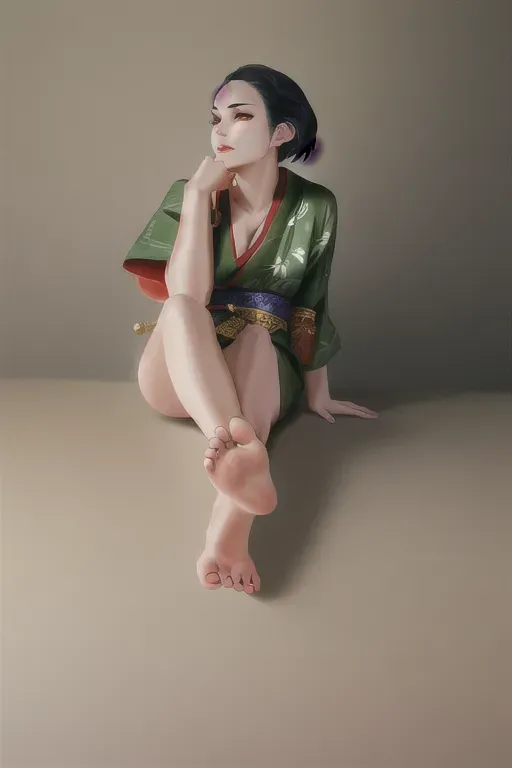 1girl , feudal japan , edo period , night , japanese , highres , short hair, dark hair, black hair, green eyes , almond shaped eyes , thin lips , parted lips, solo, ((masterpiece)),photo referenced::5, pale skin, tenchu, kunoichi, professional, ultra high res, kuugire, stealth, soft feminine facial features, button nose, 25 years old, seductive look, arrogant look, sinister look, detailed face, detailed eyes, dark kimono, feet, foot, toes, toe, underwear, panties,