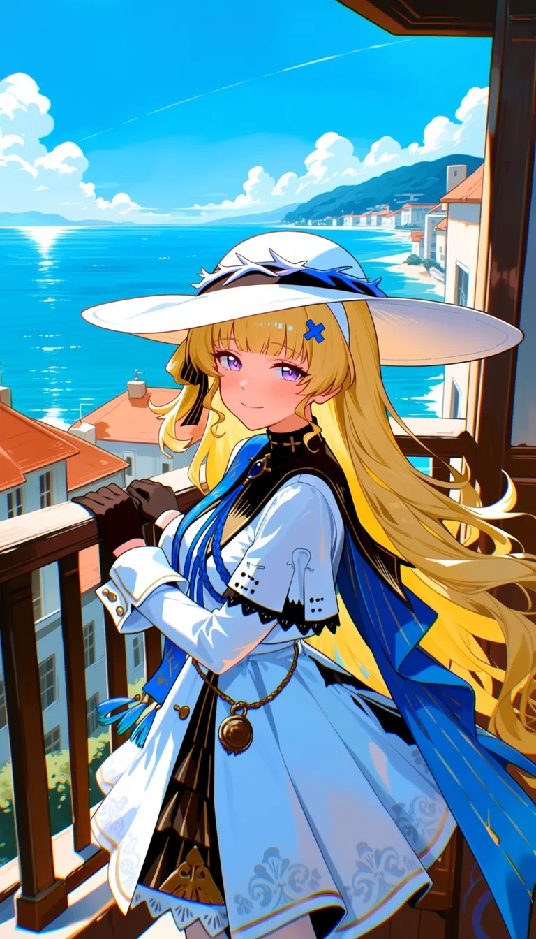 masterpiece, best quality, score_9, safe, absurdres, 1girl, phoebe \(wuthering waves\), tacet mark \(wuthering waves\), blonde hair, outdoors, white dress, long sleeves, hat, ocean, day, looking at viewer, upper body, fence
A portrait illustration of phoebe from wuthering waves in anime style, standing on a balcony overlooking the ocean. She is surrounded by a railing, buildings, and a hill in the background. The image giving it a lively and vibrant feel.
Negative prompt: lowres