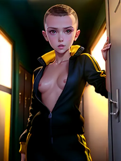 realistic HD photograph ((wide shot)), (((millie bobby brown))) ((((accurate face)))),(((in a locker room)))(((wearing unzipped yellow tracksuit with black trim)))(((topless))),((very sexy pose)),(((small perky breasts))),(((slender body)))((evil smirking)), (((messy short haircut))), five slender fingers, beautiful face, beautiful lips,detailed large eyes,curved eyebrows,cgsociety,cinematic lighting,studio lighting,professional,editorial,<lora:dpmg_fingering:1.5>