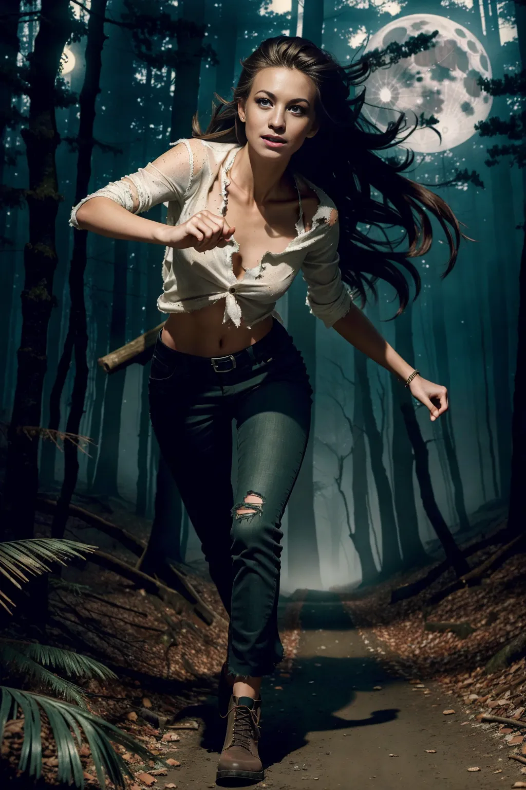 foto of hot longing shameless girl, nipels, ((accurate face)), ((accurate face)), sexy pose, five slender fingers, detailed large eyes,curved eyebrows,cinematic lighting, professional, female, ((whole body in frame)),
young beautiful, realistic hands, messy hair, running through a dark forest, misty, mysterious, small breasts, perfect teeth, few freckles, anatomically correct, five fingers per hand, HD resolution, HD wallpaper, high contrast, professional, realistic, photorealistic, highly detailed, detailed face, young, professional photograph, winter, Ray tracing, skinny, realistic skin texture, (photorealistic), low angle shot, (masterpiece), (best quality), cold, moonlight, dark, ripped white shirt, tattered clothes, worn blouse, holey trousers scared, full body in frame
