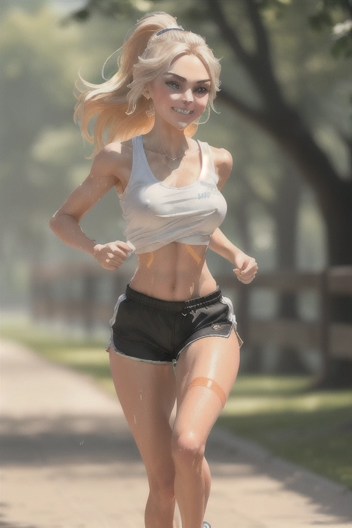 UHD 64K photorealistic color photograph of college freshman ((perfect mix of Kayla Kayden and AnnasSophia Robb)), running in the park with female track team, skinny, athletic, tanned, thigh gap, hip bones visible, medium breasts, perky breasts, (hard nipples), tight pussy, perfect pussy, braless, no bra, (no panties), extremely thin cotton white cut off t-shirt, ((short t-shirt cut off just below nipples, underboob showing)), t-shirt clings to breasts, deeply plunging neckline, ((hard nipples visibly pressing on inside of t-shirt)), t-shirt soaked wet with sweat, (extremely low waist draw string gym shorts shows hip bones), short shorts, lip gloss, ponytail, ponytail hair, oily skin, smiling, eager to please, highly detailed face, ((show full body)),
ultra realistic, hyper realistic