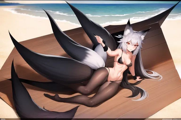 medium shot, 20 year old, a nine-tail fox, fit, naked, black, beach, day time, studio light, surprised, 8k, professional