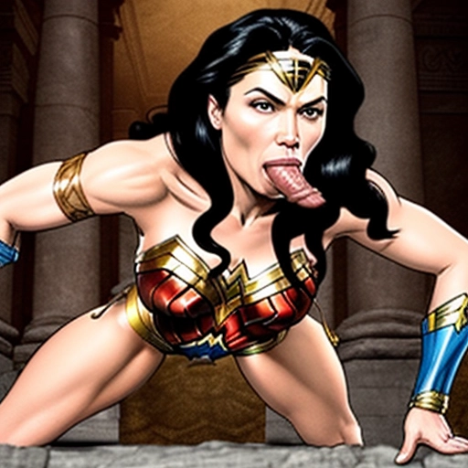 a graphic illustration of Wonder Woman on her knees ((((sucking the cock)))) of an ancient warrior