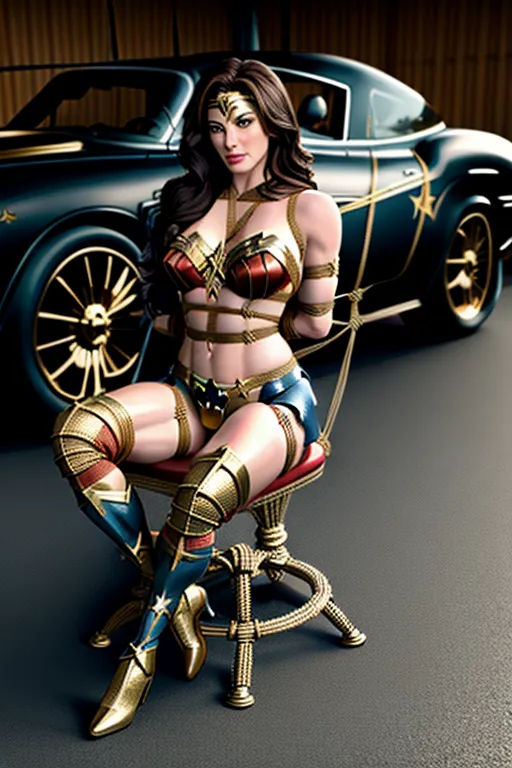 wonder woman, (bondage:1.4), garage, chair