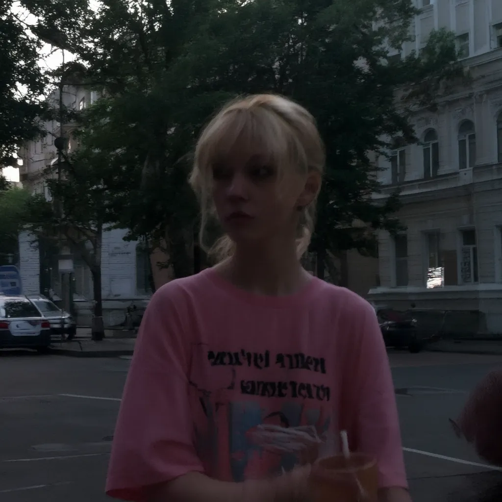 l3n0v0, amateur photo, low-lit, shot on cheap mobile phone, evening, high iso, shadowed foreground, dark. A 20-year-old Eastern European-looking woman casually dressed in an oversized pink T-shirt with text "sample text sample text sample text", outdoors, her gaze directed to the side, serious expression, hold cup of coffee, her blonde hair loosely tied back and she has fringes that frames her face. minimal makeup visible. she is standing on the street near soviet-era storey buildings, trees, parked cars near. Dull, overcast lighting
