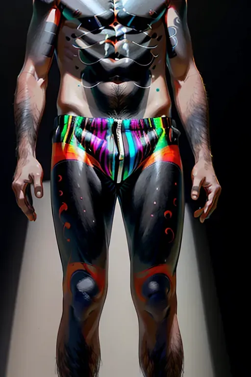 a selfie from myself, body paint, photo, male, man, 42 years old, string tanga, black background, black hair, no beard, nude, full photo, full body