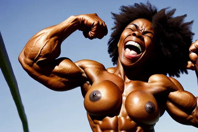 Black Amerian Woman, Huge Muscles, Six Pack abs, Boxer, Her abs are being punched, She is laughing, Flexing, Huge breasts, High Definition, Shot with a DSLR Camera in the highest resolution