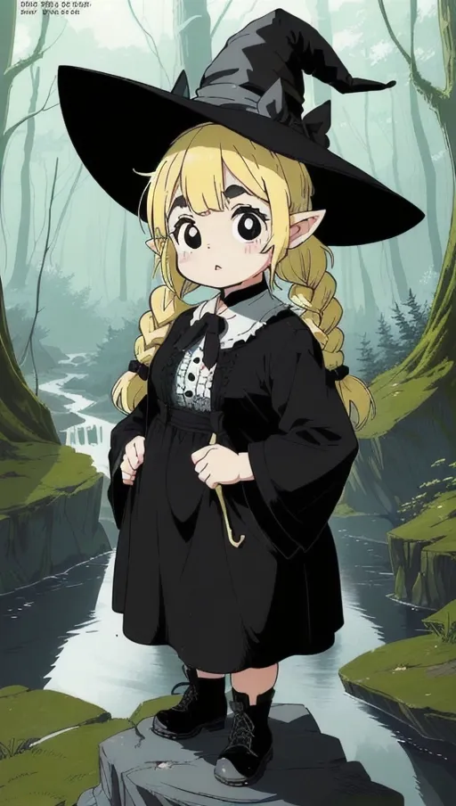 This is a little fairy 20cm height standing on a rock in the forest, she has a malicious face, her face is chubby, (((her eyes are fulldeep black,))) she has long and very pointy nose and little pointy ears, her lips are full and thick, she has long blonde braid, long old pointy and patched up witch hat, her clothes are old used and patched up as well, thick eyebrows,
Beautiful, extremely detailed, extremely realistic, natural light, ((((used and patched up clothes)))), (((identical eyes))),