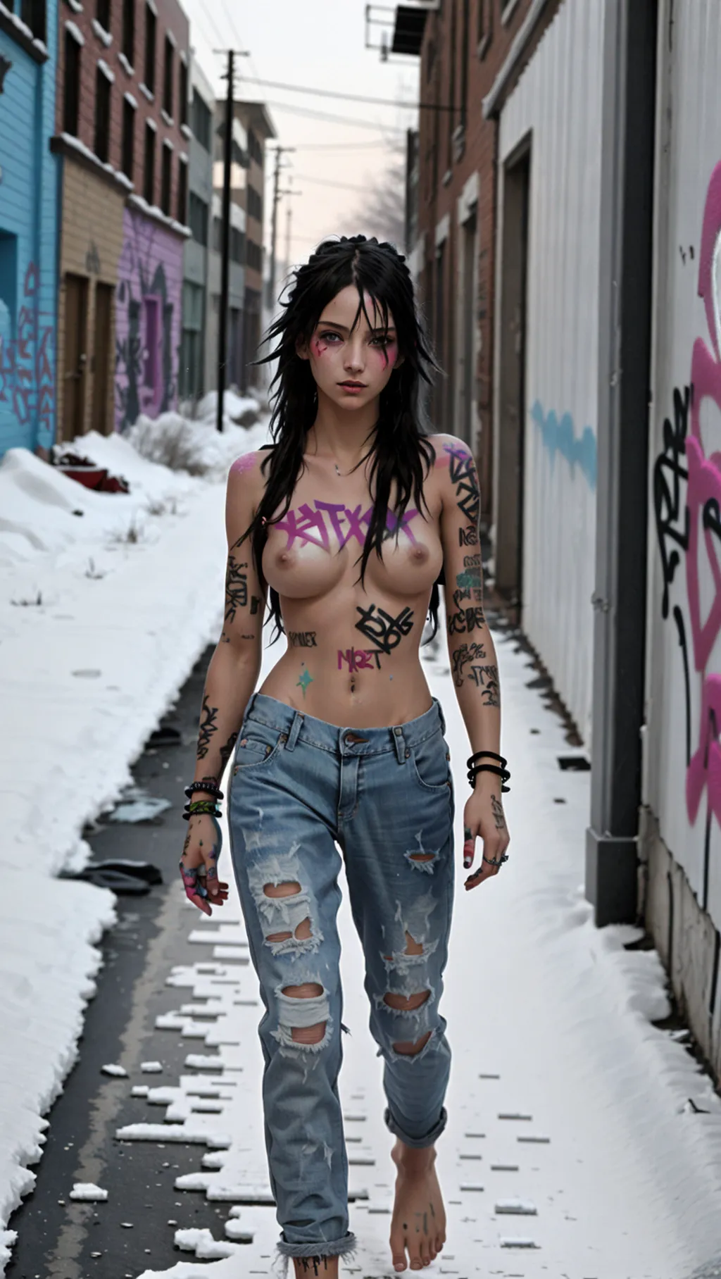 full-body image of a fit toned hot topless barefoot punk girl with long hair and long erect nipples wearing baggy jeans while walking through a condemned building during snowy winter with graffiti paint on her breasts and graffiti paint on her feet, facing away from viewer, sexy feet, barefoot, graffiti paint on feet,