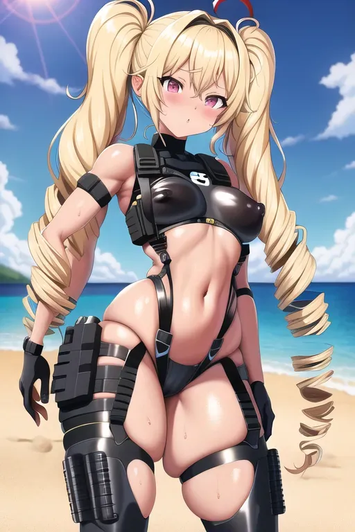 Shirow mesumene hentai style, Elf midget body, dark outline, beach babe body wearing a too small chest rig in multicamo pattern, curly frizzy blonde hair, shes costa rican, very strong girl with under developed nipples so puffy, just turned 18