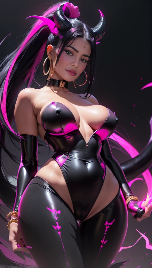 best quality, (((ultra high res))), (((detailed face and eyes))), (perfect face), (big shining heart choker), earrings, jewelry, (((big glowing succubus mark))), ((((big glowing succubus bodymark)))), (conjuring), witch, ((very long voluminous hair)), (((black gloves))), (((black hair))), (((single black ponytail))), (((golden bracelet))), (((huge golden hair cuff))), (((black skintight neckholder))), ((face closeup)), lipstick, (((((black demon tail))))), ((black long sleeves)), ((purple glowing heart)), (((big cameltoe))), (((demon mark))), heart on womb, (((((bright pink glowing skin tone))))), (((straight black hair))), ((pink glowing clothes)), ((pink luminescent)), ((((pink luminescent skin tone)))), (((pink skin))), (((Kylie Jenner))), (((from below)))