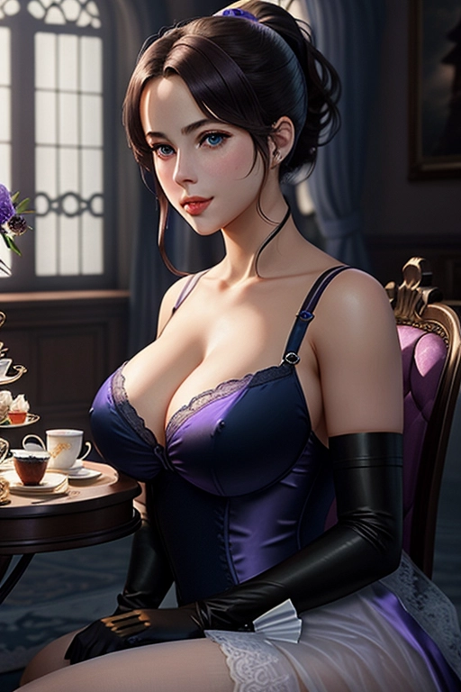 a illustration of,violet evergarden,doing sexy pose,at a tea party,big breasts,ponytail,charming face,beautiful lips,blue eyes,curved eyebrows,textured skin,romantic,pixiv,cgsociety,cinematic lighting,artstation,sharp focus,
elegant gloves,