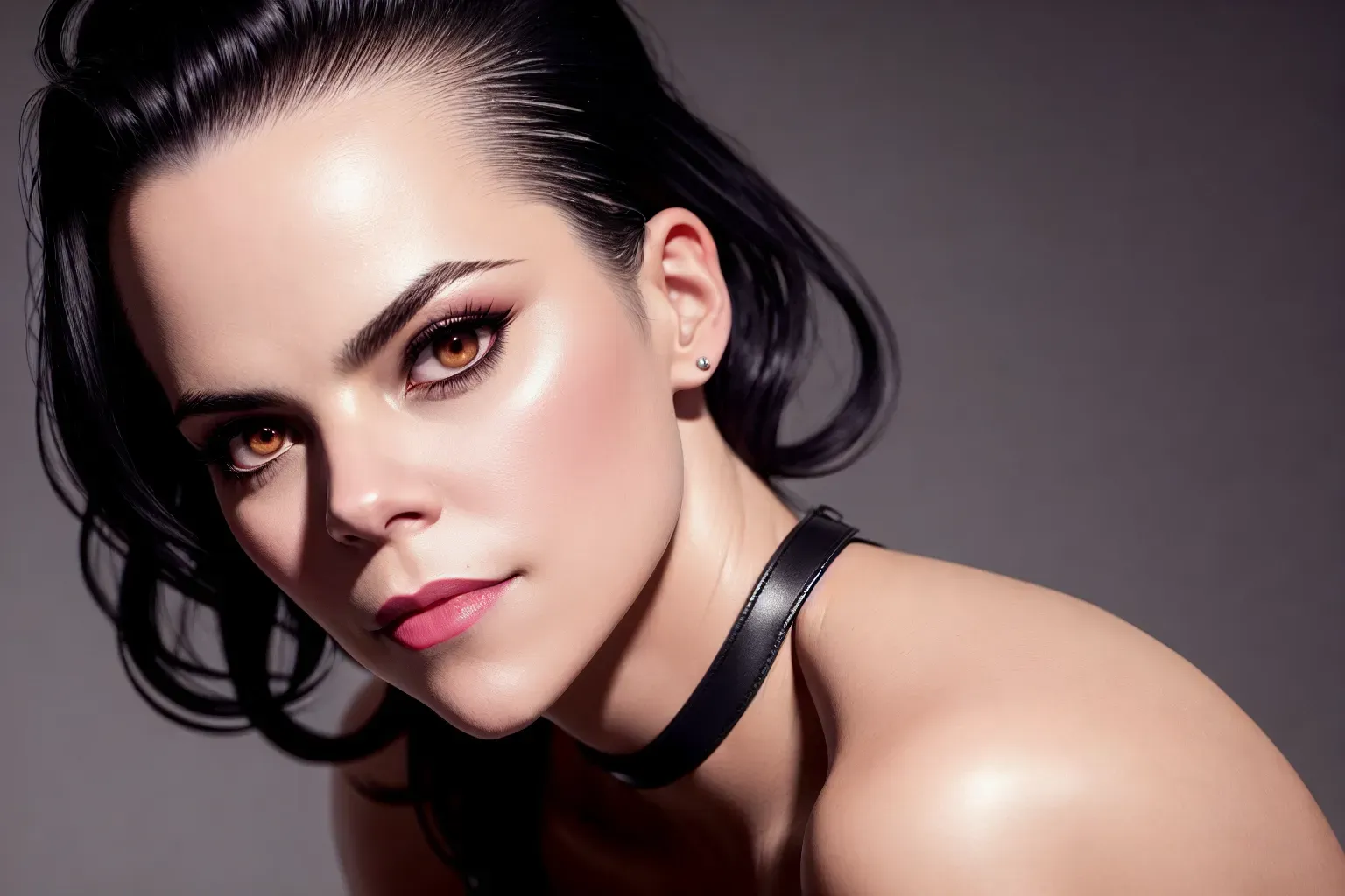 a concept art wide shot of (((Emily Hampshire)))(completely accurate face)(cruel glaring eyes looking down at POV)((Sadistic cruel) smiling expression), (as a (cruel) Dominatrix),<lora:dpmg_crazy_expression:0><lora:dpmg_upshirt:1>, full body, in a sex dungeon,(wearing leather sex harness)(holding taser),(skinny slender athletic physique)(((Fauxhawk))(long wispy side tendrils of hair))(Black Hair),(very tiny perky breasts), five slender fingers,beautiful face,beautiful lips,detailed large eyes,curved eyebrows,cgsociety,natural lighting,professional,editorial, (oily skin glistening)