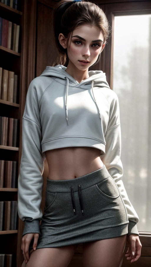 (full-length 16k real photograph) less contrast, high detail, Insanely detailed and intricate, skinny 20yo incredibly dainty adorbs short american girl looking at camera ((undressing herself)) from white panties and short midriff hoody standing in library, five fingers per hand, small hands, messy ponytail hair, pretty face, beautiful lips, girlish chin, accurate philtrum, brownish green natural eyes, curved eyebrows, curved eyelid, pale skin, nerdy seductive brunetter, ultra realistic, hard nipples, cameltoes, 16k award winning photo, sharp and crisp, perfect nipples, (((real))), photo, realistic lighting and colors, <lora:dpmg_add_detail:1>, (dainty perky tits), ((early morning overcast lighting)), eyes following camera, real skin textures, real clothes textures, midriff hoody showing underboob, (showing underboob), she evokes in the observer a strong sexual desire, she was exhaustingly fucking the whole night