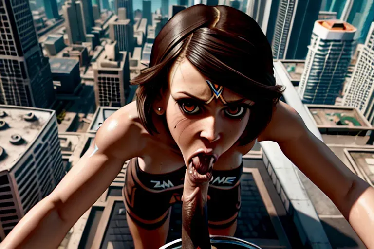 a concept art of, young Faith Connors, from Mirrors Edge Catalyst, mixed Asian and Caucasian descend, (naked), anal, (on rooftops overlooking a futuristic white city), (((((dpmg_pov_blowjob_v1))))), small breasts, five fingers per hand, (short straight black bob hair), charming face, (black geometric circuit board tattoo on right arm), athletic body, runners physique, beautiful lips, brown eyes, curved eyebrows, textured skin, romantic, bokeh, artstation, surreal, sharp focus, editorial, full body in frame, bright vibrant colours, curved eyebrows, curved eyelid