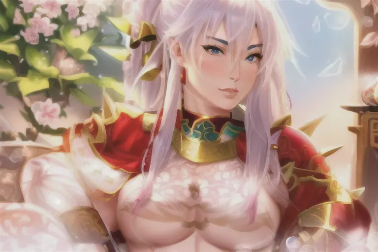 A Nordic Ming dynasty styled partially nude female warrior moderately muscular with small perfectly round breasts with a scars on her left cheek and other parts of her body with white heart shaped pubic hair,
white spiked hair with a ponytail and a bubble butt sitting in a throne surrounded by Sakura) with small nipples long legs sitting in a throne with her legs spread