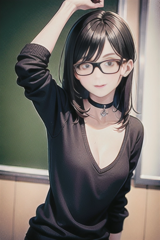 Small tits white pale skin, athletic female skinny professor in sexy pullover and rectangle glasses and choker at university lecturing in front of students, seductive smile ,((small tits)),bright blue eyes