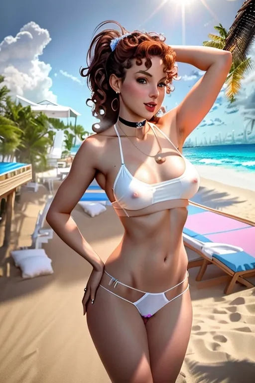 Replicate, NSFW, high resolution medium photo of, young woman, Irish, choker, garter belt, slender, wild curly hair, Pubic Hair, Happy Trail, thong bikini, sexy pose, in a beach Cabana, looking at the camera,