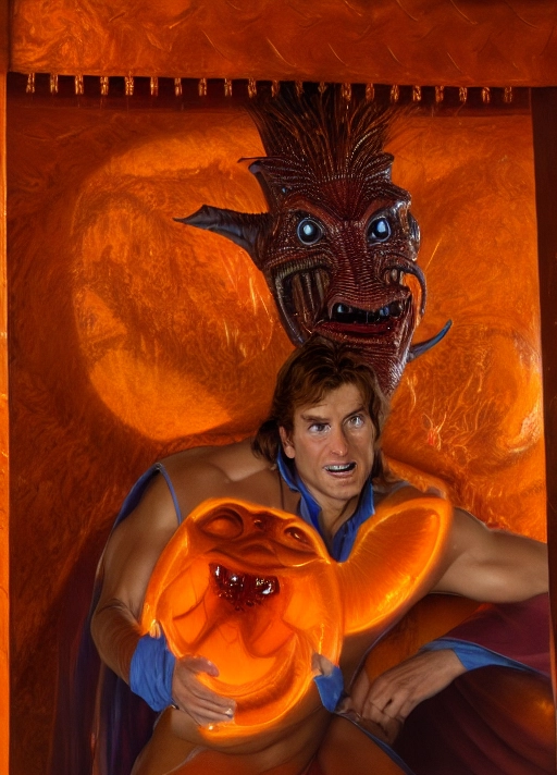 Prince Hans of the Southern Isles being perused by warthog headed alien Larfleeze after stealing his glowing Orange Lantern of Averice. Photorealistic., dramatic angle, live action,