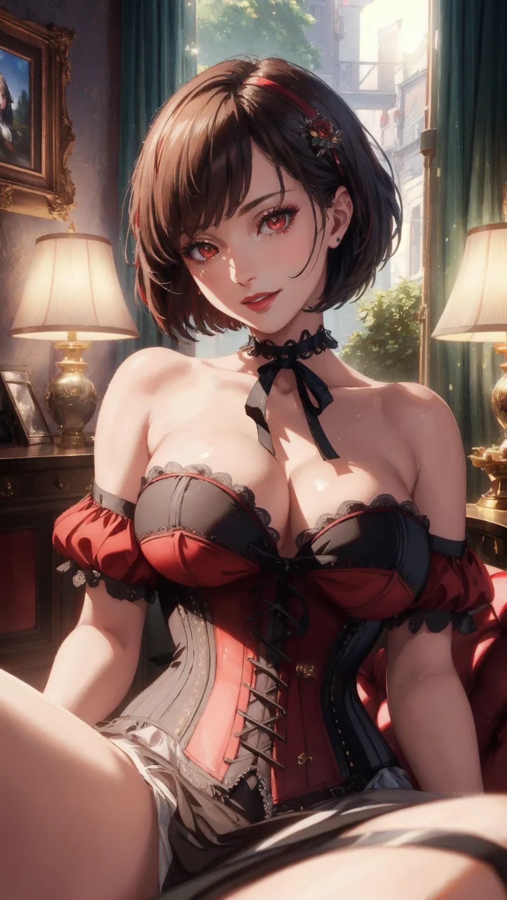 (Best quality, high quality cinematic film wallpaper, high res, 4k, HDR, UHD), 1 adult woman, (a breathtaking masterpiece extreme close up portrait of a womanlounging casually in a victorian era manshion), (messy short brown hair in a bob cut with straight fringe, victorian style red corset, black choker:1.2),
(correct slender human anatomy, victorian style red corset), (extremely detailed red eyes looking at viewer:1.27), (extremely detailed view of her realistic face with smug expression:1.25), (beautiful detailed full lips smiling smugly:1.3), (extremely zoomed in detailed view of her realistic face:1.27),
(Warm atmosphere vintage film scene), high contrast, (lounging casually in a victorian era photoshoot), hyperrealistic skin with pores and blemishes, five slender high quality fingers, niijima makoto from persona 5,
((muted colours:1.27)), close up cinematic composition view of a woman in a victorian era photoshoot, soft focus, sharp and clear image, (candid:1.1), (flat shading stylised art:1.07), <lora:dpmg_add_detail:0.55>, (physically-based ray tracing, photon mapping, photorealistic:1.45), ((high resolution masterpiece, 4K, HDR, UHD:1.45))