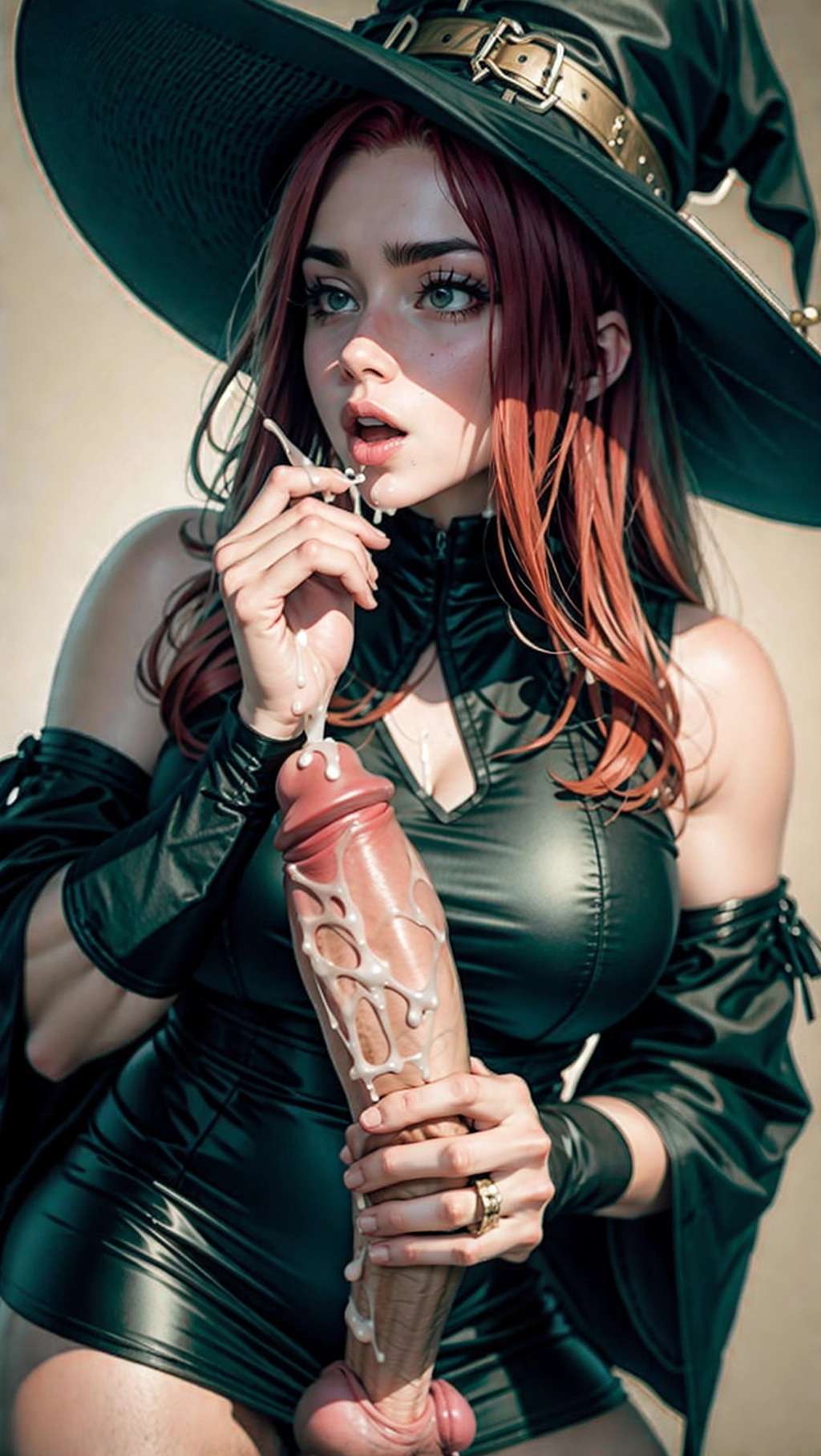 Masterpiece, professional, 64K resolution, cinematic lighting, cock focus, side view, side shot,
(a beautiful young witch using both hands to give a handjob),
((A massive cock about to blow a huge load of cum in her pretty face)),
((Her two hands are gripping the mans massive cock)), (both hands on massive cock)
gorgeous face, (((detailed face))), glossy wet lips, (red hair), in shock, in awe, surprised, raised eyebrows, surprised face, witch hat,
absolutely massive breasts, wide hips, thicc thighs,
(all black dress),
huge penis, ((handjob)), (perfectly accurate cock), lengthy cock, massive testicles, hanging testicles,
(Extremely girthy cock), veiny penis, no pubic hair,
(Gigantic cock),
((Accurate dick skin)),
((Accurate penis head)),
((Bigger penis head)),