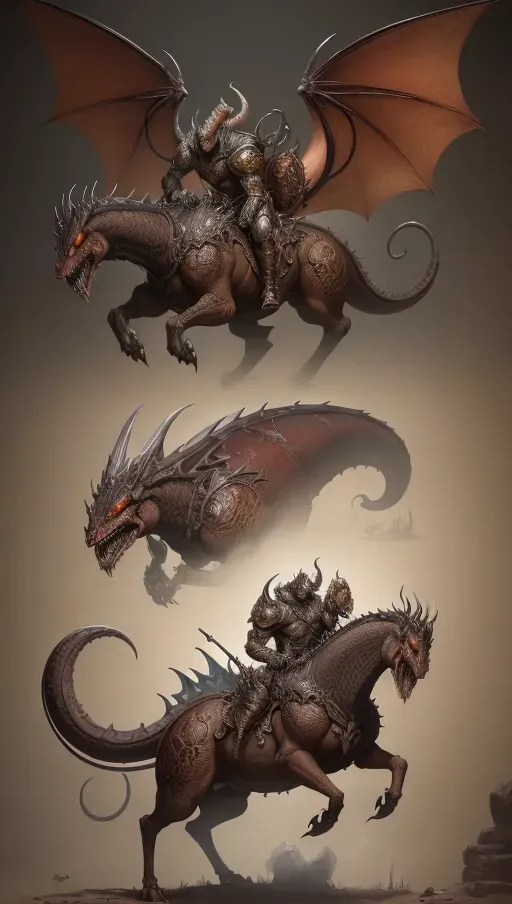 ((8k, high detail, ultra-crisp, high resolution)) character design sheet from artist Edward binkley of a monster riding a creature . ((Medieval bestiary art)) (((Diablo game bestiary art)))