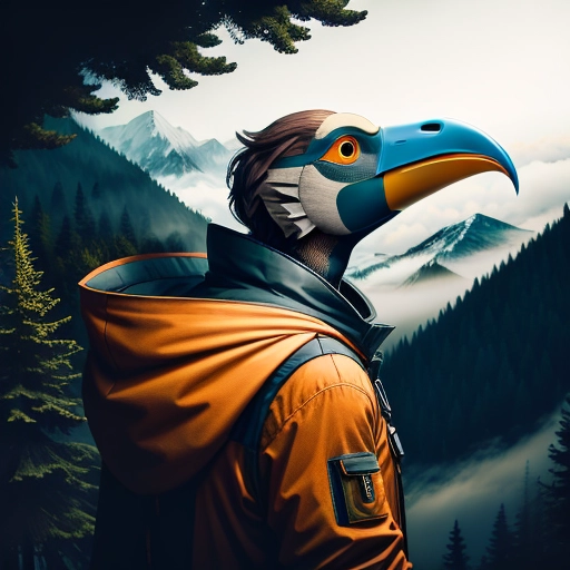 Profile picture, giant bird with a mask, in a forest, in the mountains, dressed with a long jacket , mask, fog, fisheye