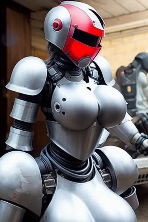 robot girl in armor full robot helmet with mask boobs and pussy out big boobs in car red eyes
