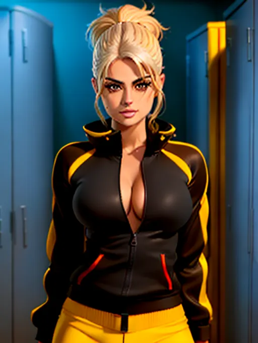 realistic HD photograph ((wide shot)), (((Bebe Rexha))) ((((accurate face)))),(((in a locker room)))(((wearing unzipped yellow tracksuit with black trim)))(((topless))),((very sexy pose)),(((small perky breasts))),(((zaftig athletic body)))((evil smirk)), (((messy haircut))), five slender fingers, beautiful face, beautiful lips,detailed large eyes,curved eyebrows,cgsociety,cinematic lighting,studio lighting,professional,editorial,<lora:dpmg_fingering:1.5>