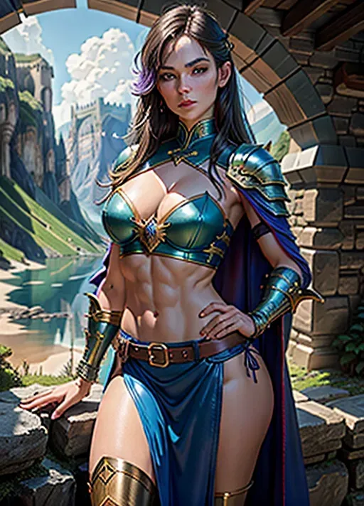 High fantasy setting (Dungeons and Dragons), castle on a cliff in a forest by a lake,
two women wearing leather and metal armour, blue and purple clothes, long capes, knee long skirts, leather boots, medium breasts, cleavage, toned bodies, abs, slender, bare waists, very beautiful faces, symmetric faces, blue eyes, holding dagger or sword in one hand, <lora:dpmg_add_detail:0.2>, vivid colors, cinematic composition, artificial light, UHD, HDR, highest quality, highest resolution, (photorealist), (photorealism), (masterpiece:0.2), fix eye quality